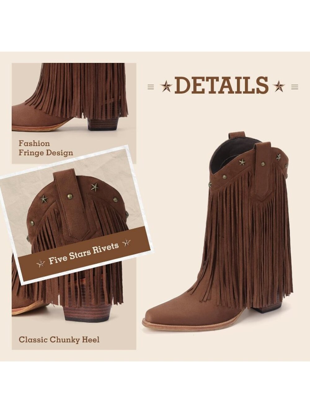 Women's Dark Brown Faux Suede Cowgirl Boots Star Studded Mid Calf Chunky Heels - Picture 4 of 6
